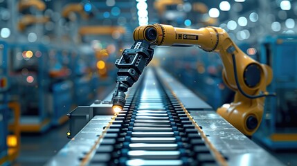 Fototapete - Inside a clean technical workshop, high-tech automated equipment industrial robotic arm, working on a conveyor belt. Generative AI.
