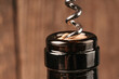 Close-up shot of a metal corkscrew pulling out a wine cork with plenty of copy space. This image is perfect for wine-related marketing materials or designs.