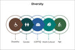 Five categories of Diversity - Disability, Gender, LGBTQ, Multi Cultural, Age. Infographic template with icons and description placeholder