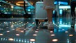 Blurred Walkway in Illuminated Airport Terminal with Reflective Floor Tiles