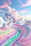 Fototapeta Lawenda - A psychedelic swirl of cotton candy clouds above a landscape of layered rainbow cake hills, 3D illustration