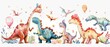 A joyous cartoon gathering of flying and terrestrial dinosaurs celebrating a birthday, in watercolor on white