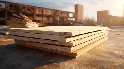 A photo of a construction site with a pile of plywood