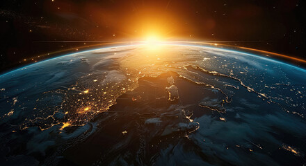 Aufkleber - The earth from space, sun rising, half at night cities gleaming. Generative AI.