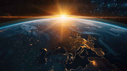 Fototapete - The earth from space, sun rising, half at night cities gleaming. Generative AI.