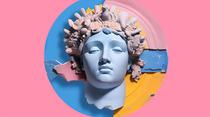 Ancient man statue in vaporwave or y2k aesthetics. Antic bust in modern 3D scene.
