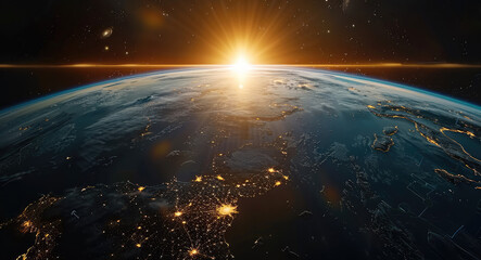 Fototapete - The earth from space, sun rising, half at night cities gleaming. Generative AI.