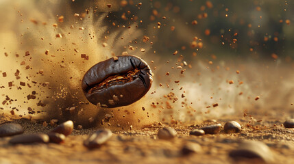 A coffee bean is floating in a splash of brown liquid. Concept of motion and energy, as if the coffee bean is being propelled by the force of the splash