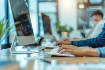 sleek and modern photo of two business colleagues collaborating on a desktop computer at the office, with a blurred background of office equipment and furnishings, symbolizing effi