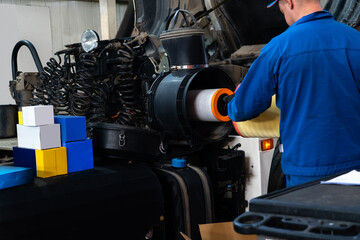 Poster - Truck repair service indoors. Maintenance workshop.