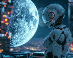Wall Mural - Futuristic robot gazing at water droplets on moon - A high-tech robot with intricate design details stares contemplatively at water droplets in a moody science fiction scene with a lunar backdrop