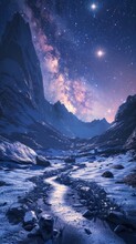 A Mountaintop View Where The Path Is Lit By The Milky Way, And The Ground Sparkles With Frost Under The Moonlight, 3D Illustration