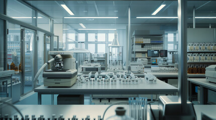 Wall Mural - A state-of-the-art pharmaceutical formulation laboratory with formulation scientists' workstations and tablet compression machines, momentarily unoccupied but ready to develop new drug formulations