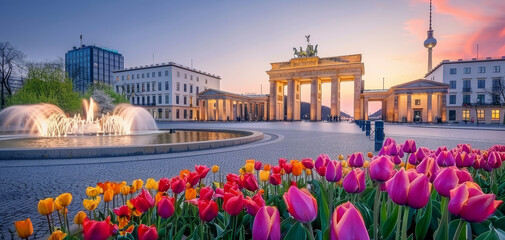 Berlin city, view of the illuminated Brandenburg Gate at Pariser Platz created with Generative AI technology