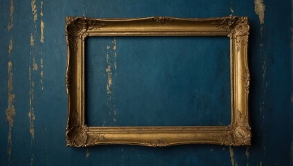 Wall Mural - Rectangle gold frame on a grunge blue background