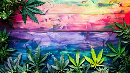 Colorful abstract painted background overlaid with scattered green cannabis leaves, representing artistic expression and possibly the influence of cannabis culture.