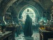Enigmatic wizard in an ancient potion-filled chamber - A wizardly silhouette pauses in an old-world chamber adorned with potion vials, ancient books, and mystical ambiance from the streaming light
