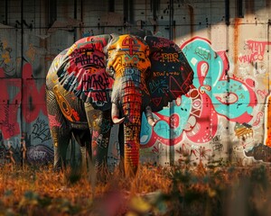 Canvas Print - Graffiti elephant with urban decay background - Artistic depiction of an elephant set against a graffiti-covered wall, radiating urban decay vibes