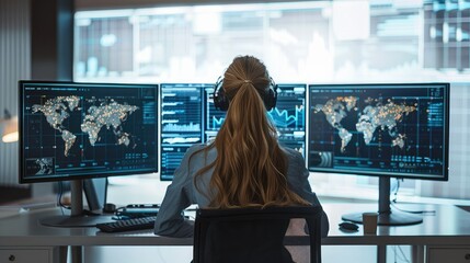 Poster - Rear view. A female network operator sitting in a office watching a worldwide network dashboard screen. Generative AI.