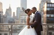a bride and groom are kissing on a balcony overlooking the city. Generative AI