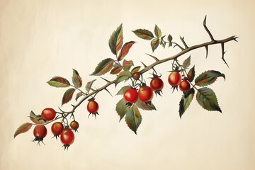 branch with red rosehip berries on a beige background.