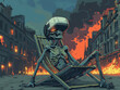 Rappresentazione artistica di uno scheletro che si rilassa su una sedia con una cuffia per la realtà virtuale in mezzo al degrado urbano, concetto di uomo imbambolato da internet, effetti negativi web
