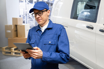 Poster - Manager with a digital tablet on the background of van. Fleet and warehouse management..