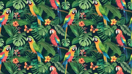 Wall Mural - Parakeets and parrots in a vibrant jungle, tropical theme