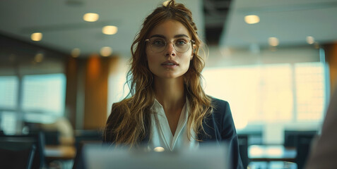 Aufkleber - A female professional giving a presentation in a conference room. Generative AI.