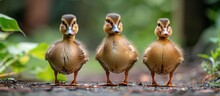 Three Khaki Campbell Ducks Are Standing Side By Side In A Row.