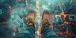shoes standing on a glass floor with the view of city underneath 