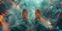 Shoes Standing On A Glass Floor With The View Of City Underneath 