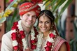 Bride and groom smile in wedding attire with flower lei at temple. Generative AI