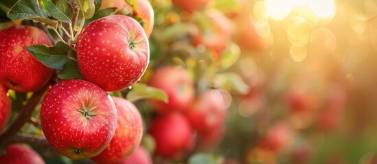 Wall Mural - A cluster of bright red apples dangle from the branches of a tree, ready for harvest.