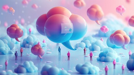 Aufkleber - AI and human interaction. one large speech bubble. Icons about technology and small speech bubbles scattered around. pastel color gradient, isometric style. Generative AI.