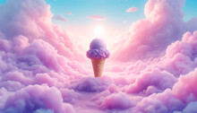 An Ice Cream Cone Emerges From A Sea Of Pink Clouds Under A Warm, Glowing Sky, Creating A Dreamlike Vista. Clouds In The Sky