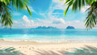 Tropical beach with palm trees on the sides and island with clear blue water in the background