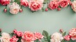 Spring flower border made of pink roses and peonies on pastel green background. Top view, flat lay.	