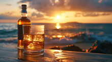 In The Background, A Beach Sea And Sunset Are Seen Behind A Bottle Of Whisky And A Glass Of Whiskey. Generative AI.