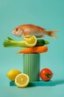 А stack of fresh sea fish, lemons and vegetables on pastel blue background. Minimal food still life concept.	