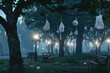 A neglected urban park, where plastic bags hang from trees like grotesque ornaments, under the soft light of street lamps, 3D illustration