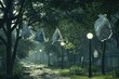 A neglected urban park, where plastic bags hang from trees like grotesque ornaments, under the soft light of street lamps, 3D illustration