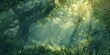 Sunlight filters through trees in forest, illuminating the natural landscape. Generative AI