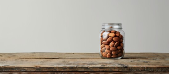 Wall Mural - A glass jar filled with an assortment of nuts such as almonds, walnuts, and pecans resting on a rustic wooden table.