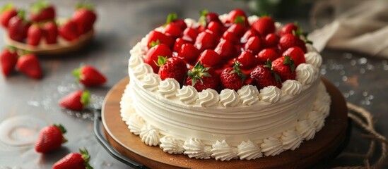 Wall Mural - A delectable cake with white frosting, adorned with fresh strawberries on top, creating a tempting dessert.