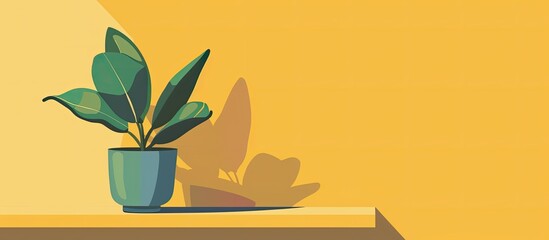 Wall Mural - A houseplant in a flowerpot is displayed on a shelf against a yellow background, adding a pop of color to the rectangular landscape