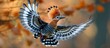 A Hoopoe bird gracefully flies through the air, wings spread wide. Its distinctive plumage catches the sunlight as it navigates the sky.