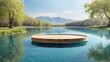 A wooden platform floating on a lake surrounded by trees and mountains in the distance

