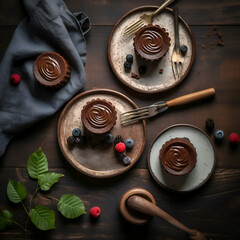 Wall Mural - Chocolate cake with berries on a dark wooden background. Top view