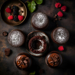 Wall Mural - Chocolate muffins with raspberries and blackberries on a dark background